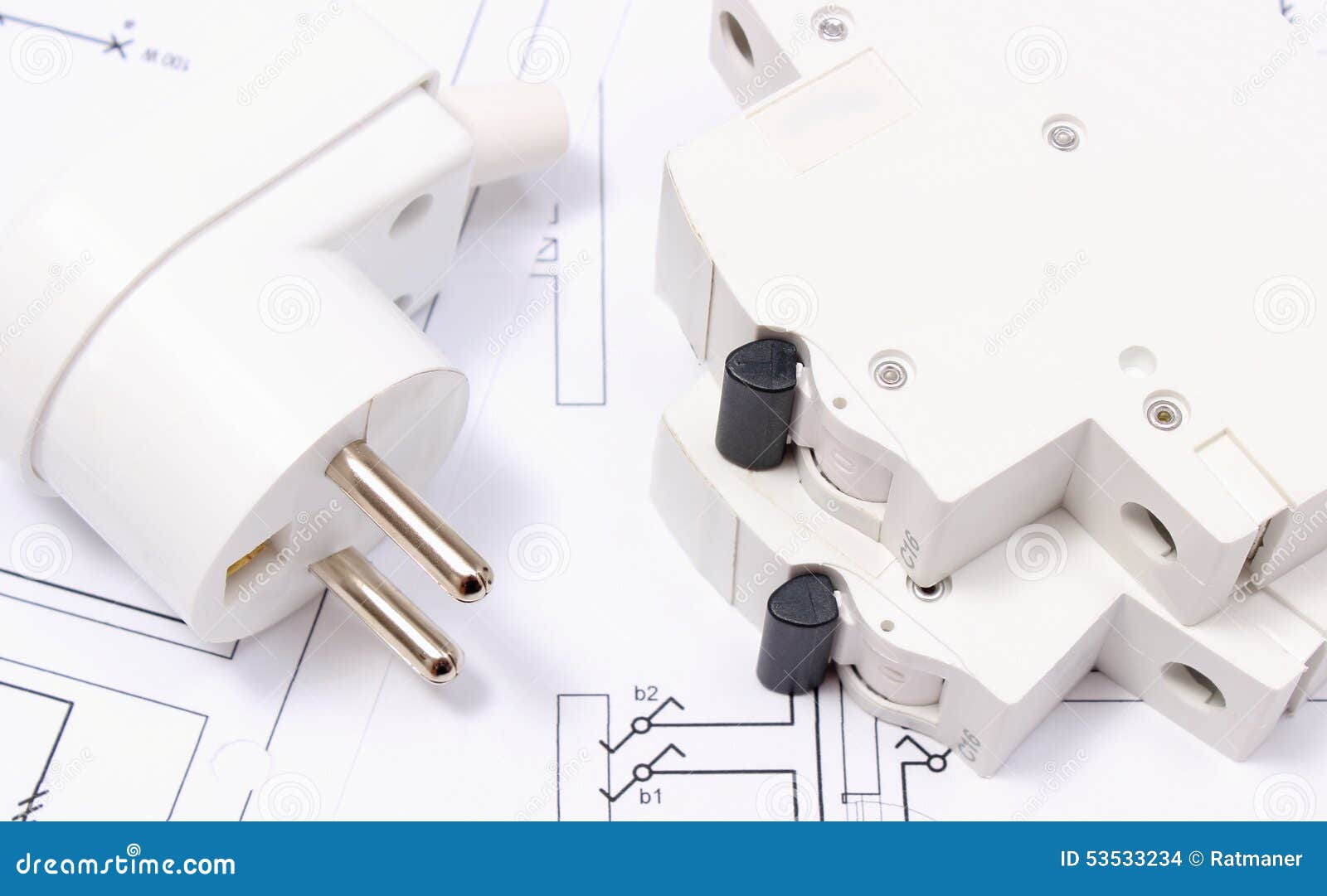 Electric Plug and Fuse on Construction Drawing of House Stock Photo