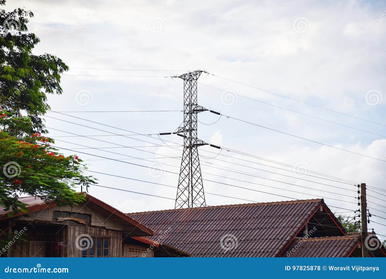 Electric pole on the roof stock photo. Image of roof 97825878