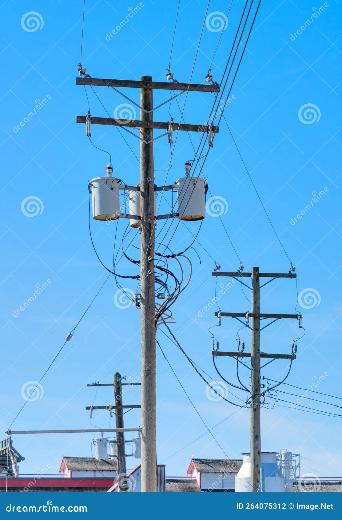 Wooden Electricty Pole with Mounted Transformators on Blue Sky Background Stock Photo Image of