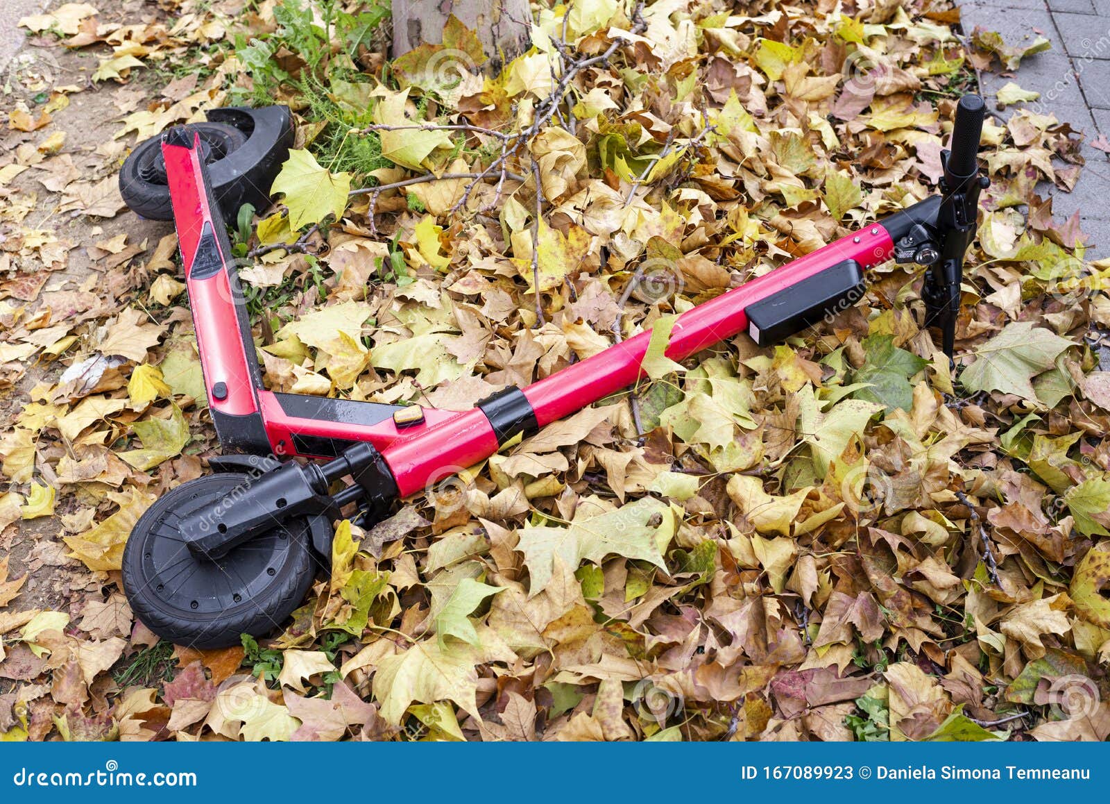 electric scooter left on the ground. red escooter on the autumn leaves