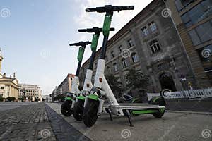 Electric Scooter Rental In Berlin Electric Scooters Stand In A Row On 