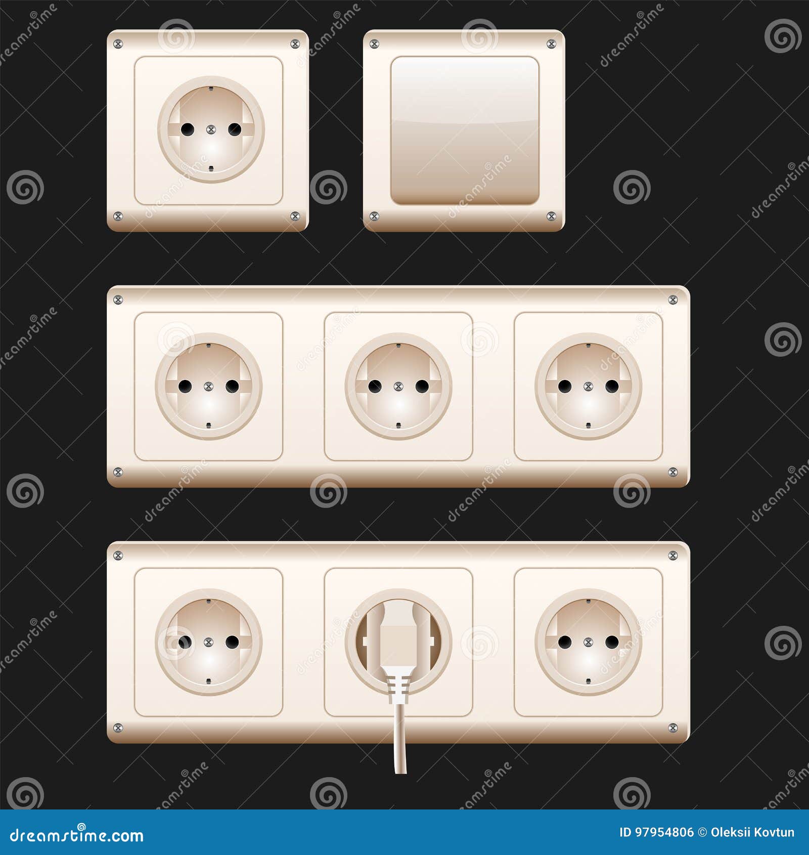 Electric Sockets, Switch And Cords. Vector Illustration, Eps10. White Switches And Sockets Set