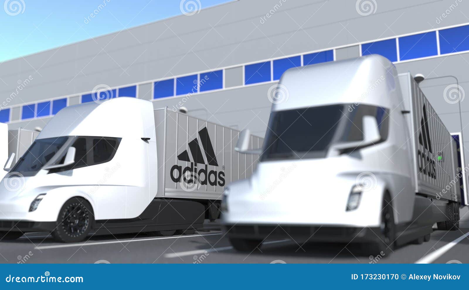 annuleren Absorberend Ramen wassen Electric Trailer Trucks with Adidas Logo Being Loaded or Unloaded at  Warehouse. Logistics Related Loopable 3D Animation Stock Footage - Video of  transportation, loopable: 173230170