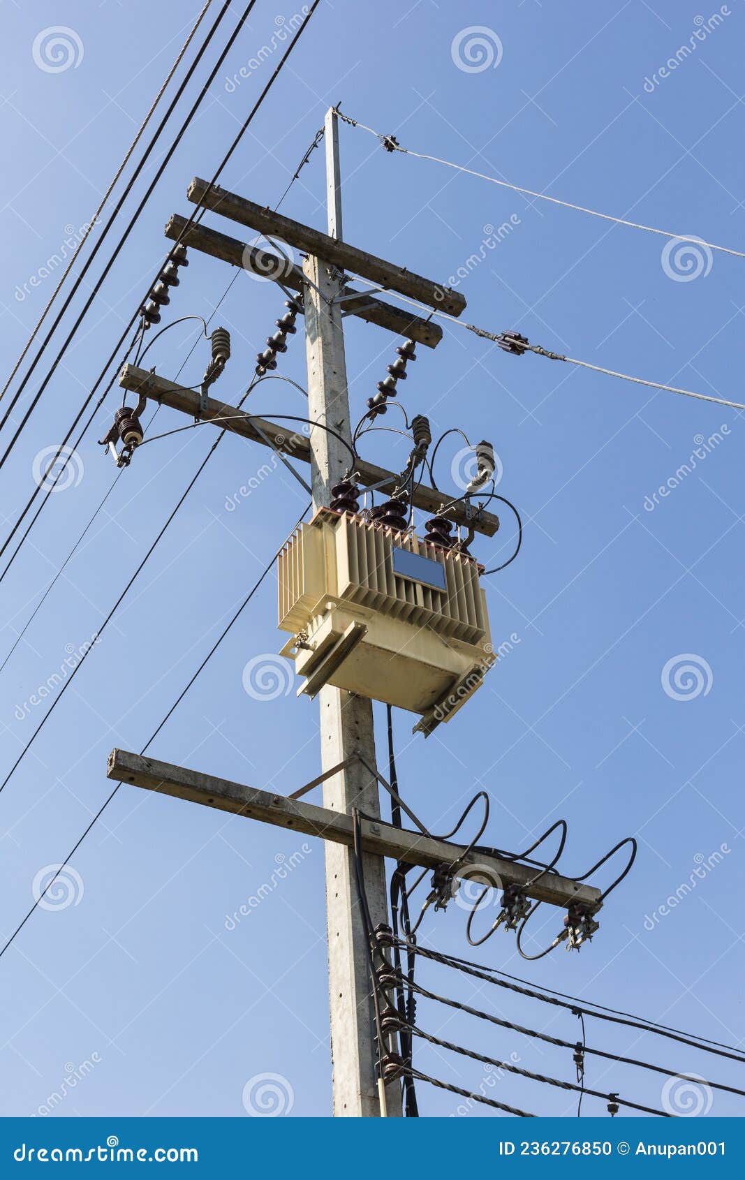Electric Transformer Substation On Blue Sky Background Stock Photo