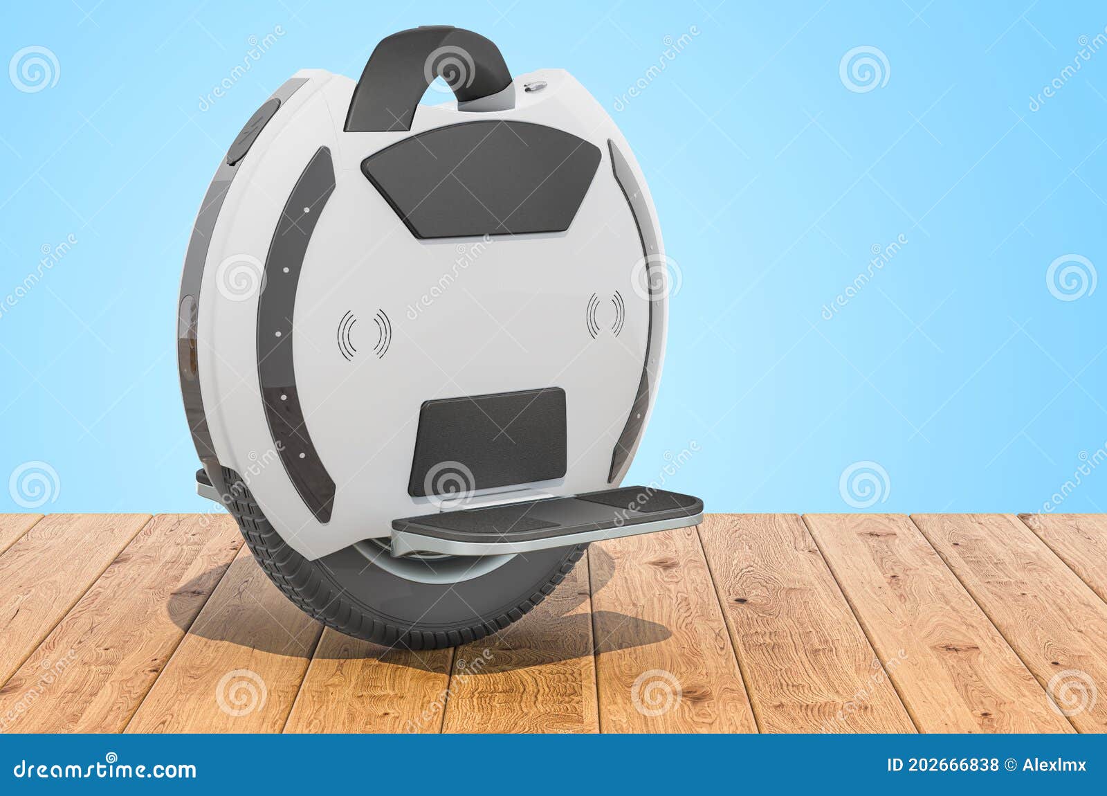 Electric Unicycle on the Wooden Planks, 3D Rendering Stock Illustration