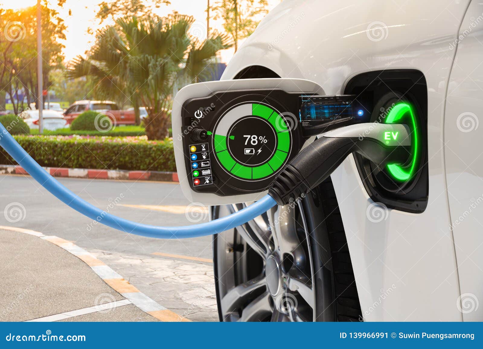 electric vehicle changing on street parking with graphical user interface, future ev car concept