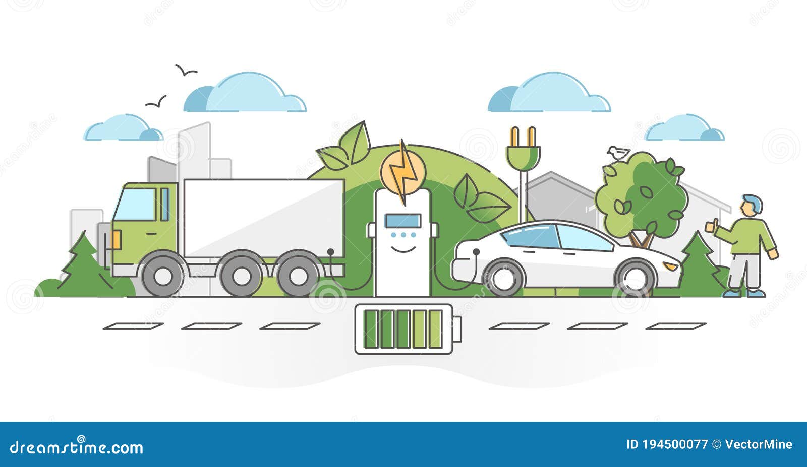 Electric Vehicle Charging with Plugged Electricity Socket Outline