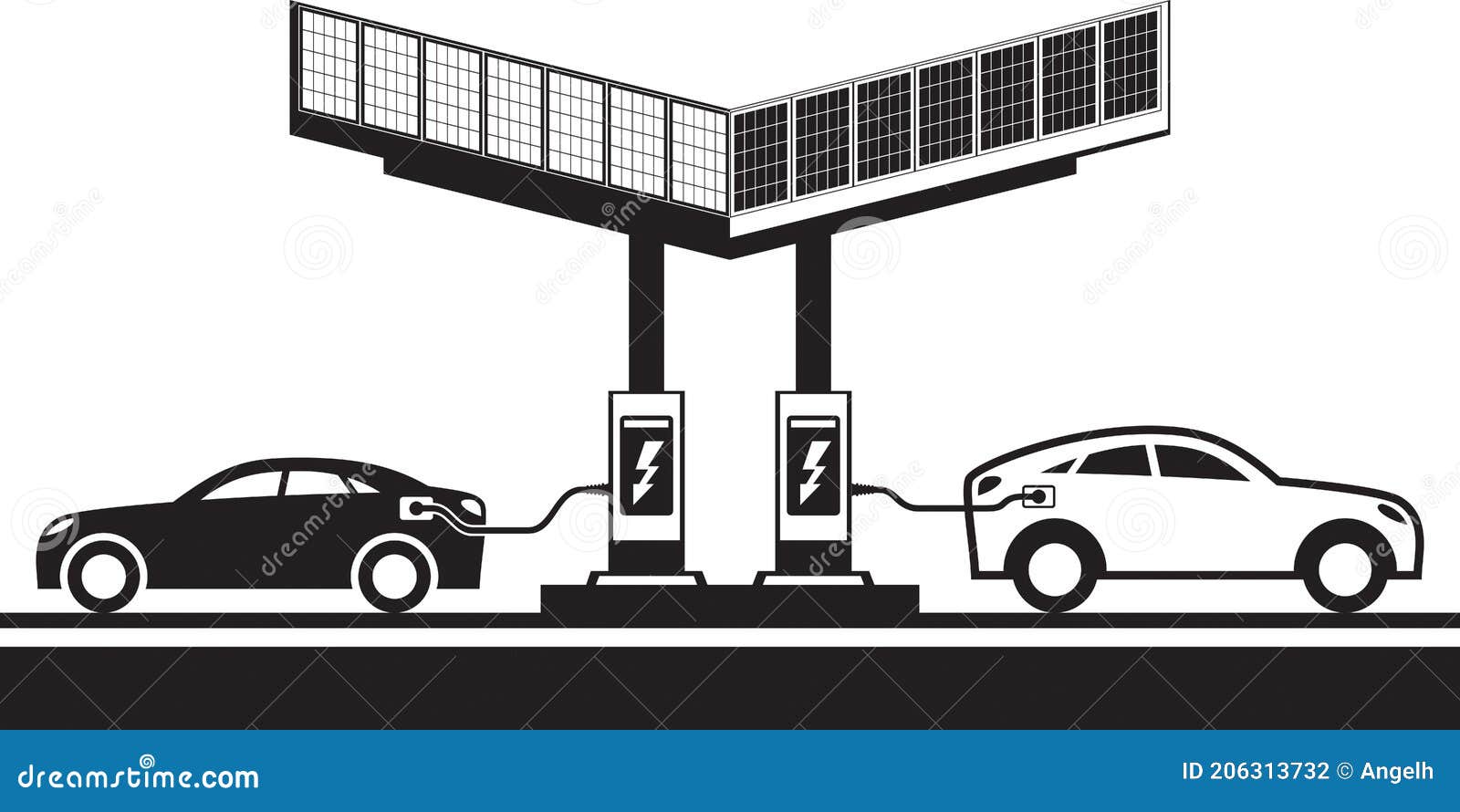 Electric Vehicles at Charging Station with Solar Panels Stock Vector