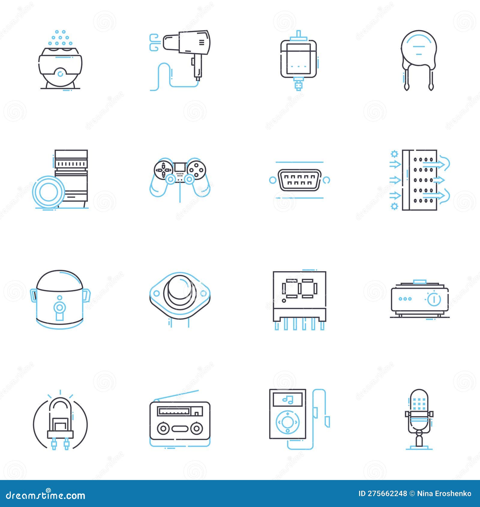 electrical appliances linear icons set. power , efficiency , voltage , wattage , current , circuits , resistor line