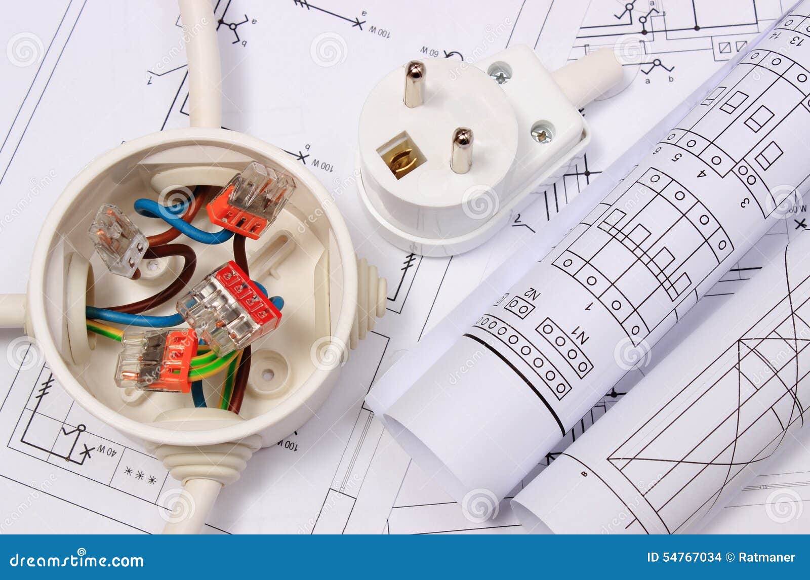 Electrical Box, Diagrams and Electric Plug on Construction Drawing