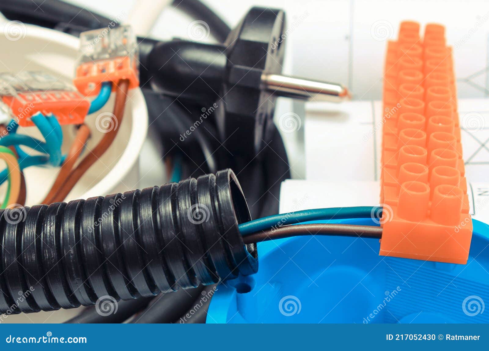 Electrical Box, Plug and Cube with Connected Copper Wires and Drawings of House. Components for