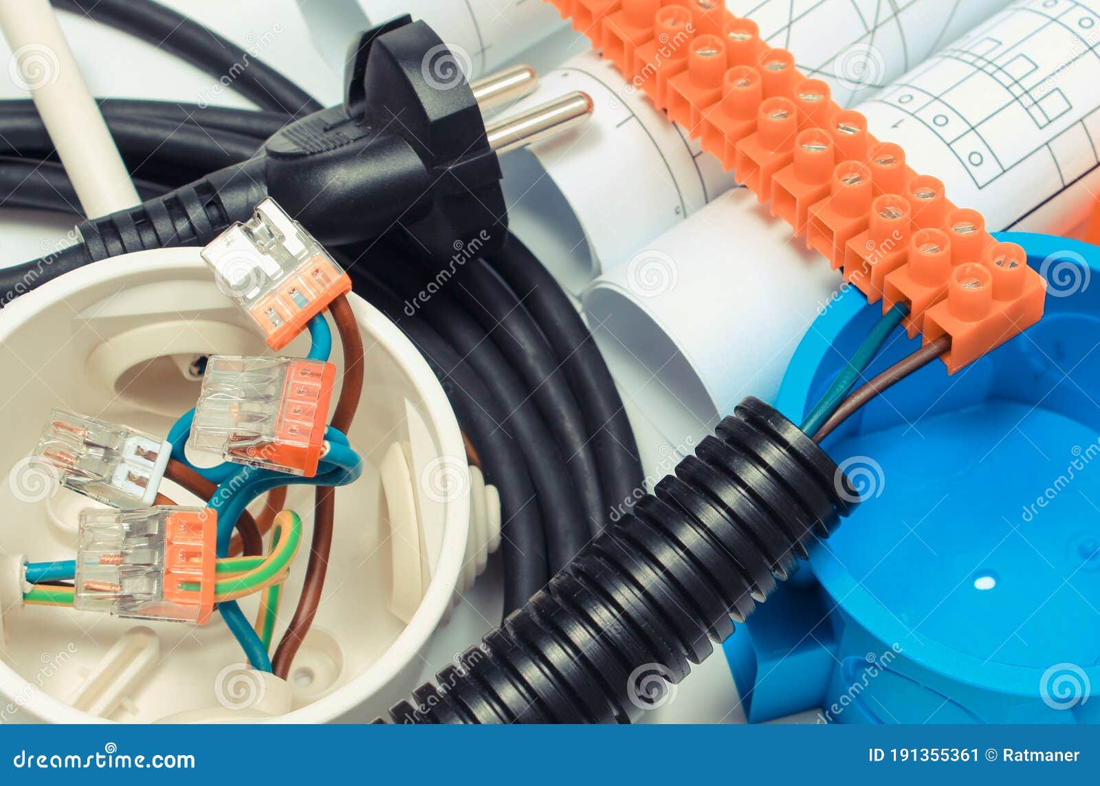 Electrical Box, Plug and Cube with Connected Copper Wires and Drawings