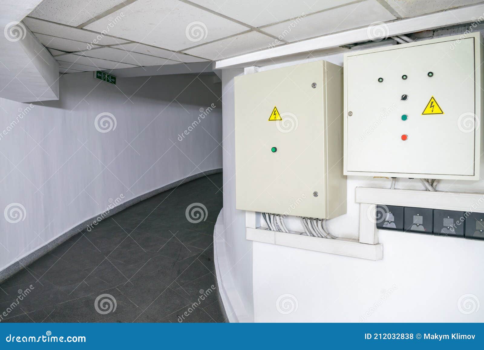 The Electrical Box is on the Wall in an Underground Tunnel. Electric