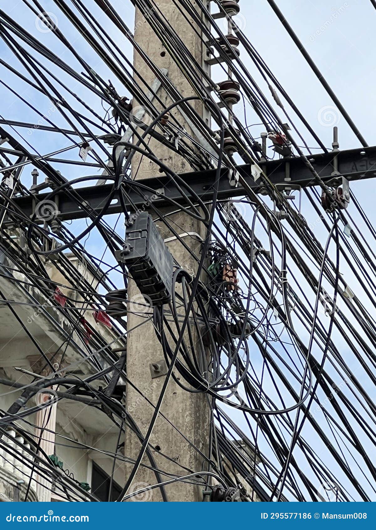 Electrical Cables are Hanging on Wires in the City Stock Photo Image