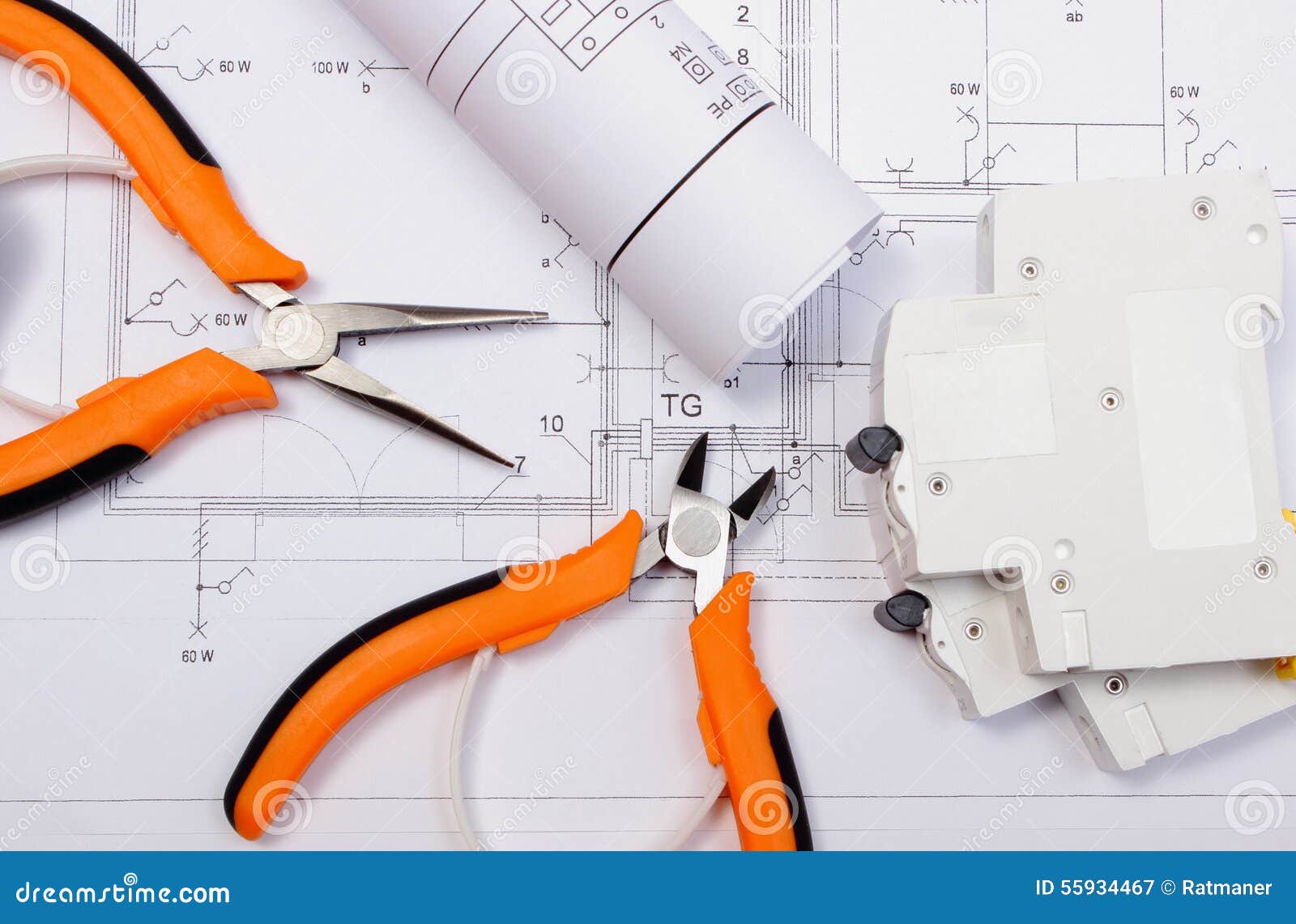 Electrical Diagrams, Electric Fuse and Work Tools on Drawing Stock