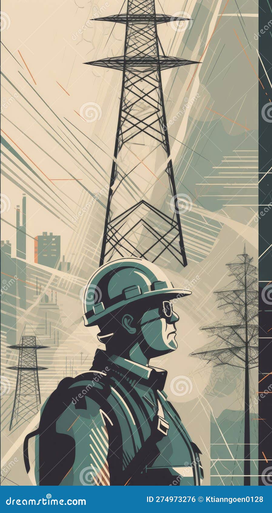 An Electrical Engineer Inspecting a Large Electrical Transmission Tower, with a Blue Sky and