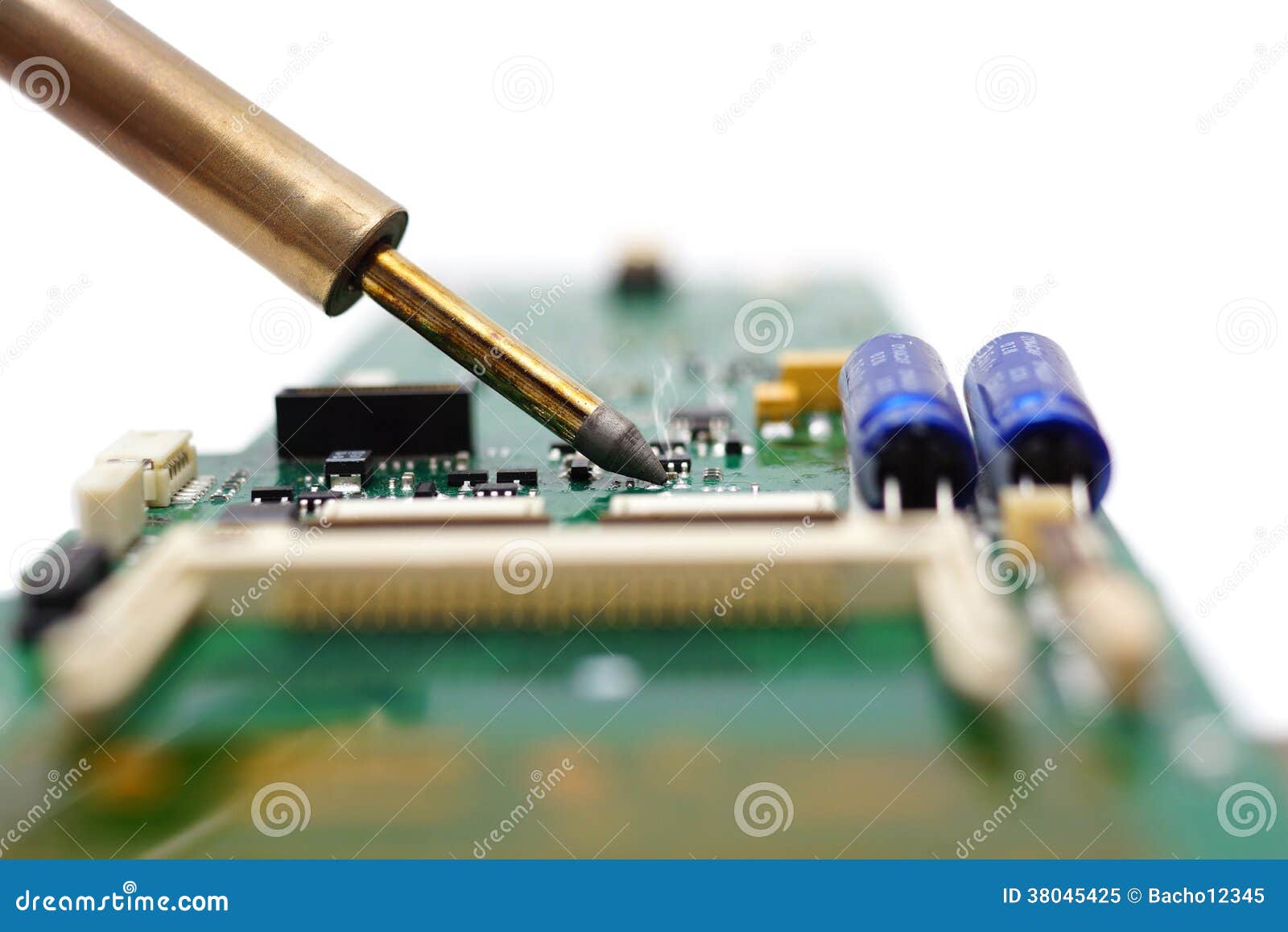 Electrical Engineer is Soldering on Printed Circuit Board Stock Image