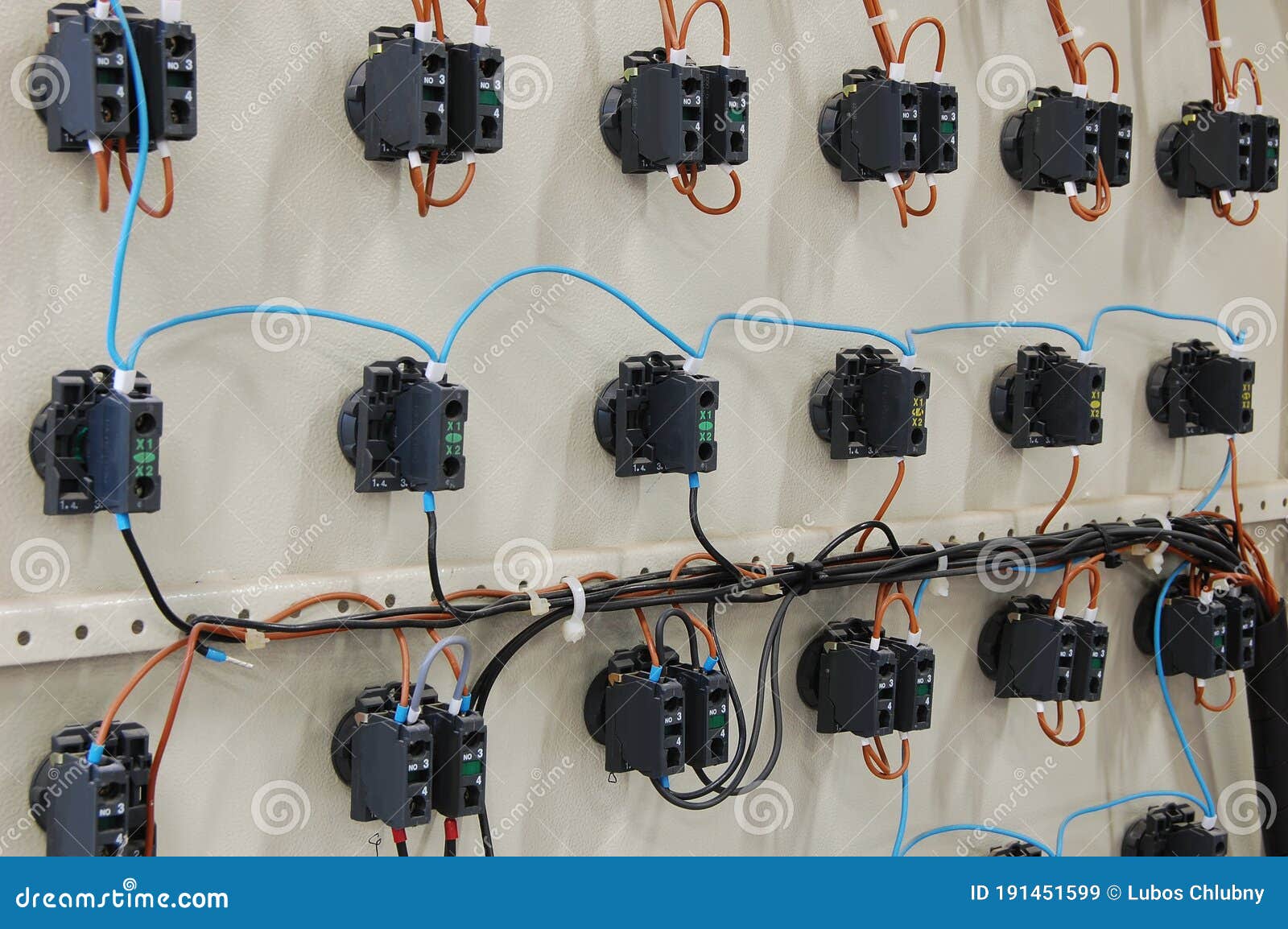 Electrical Equipment. Automatic Circuit Breakers in a Row Stock Image