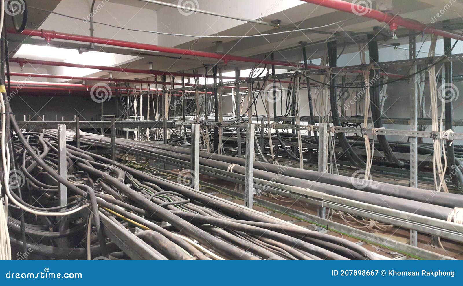 Electrical Motor Cable in Cable Room and Red Pipe Fire Fighting System