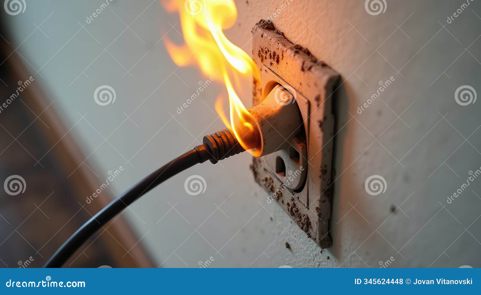 Electrical Outlet On Fire Due To Short Circuit Hazard Stock 