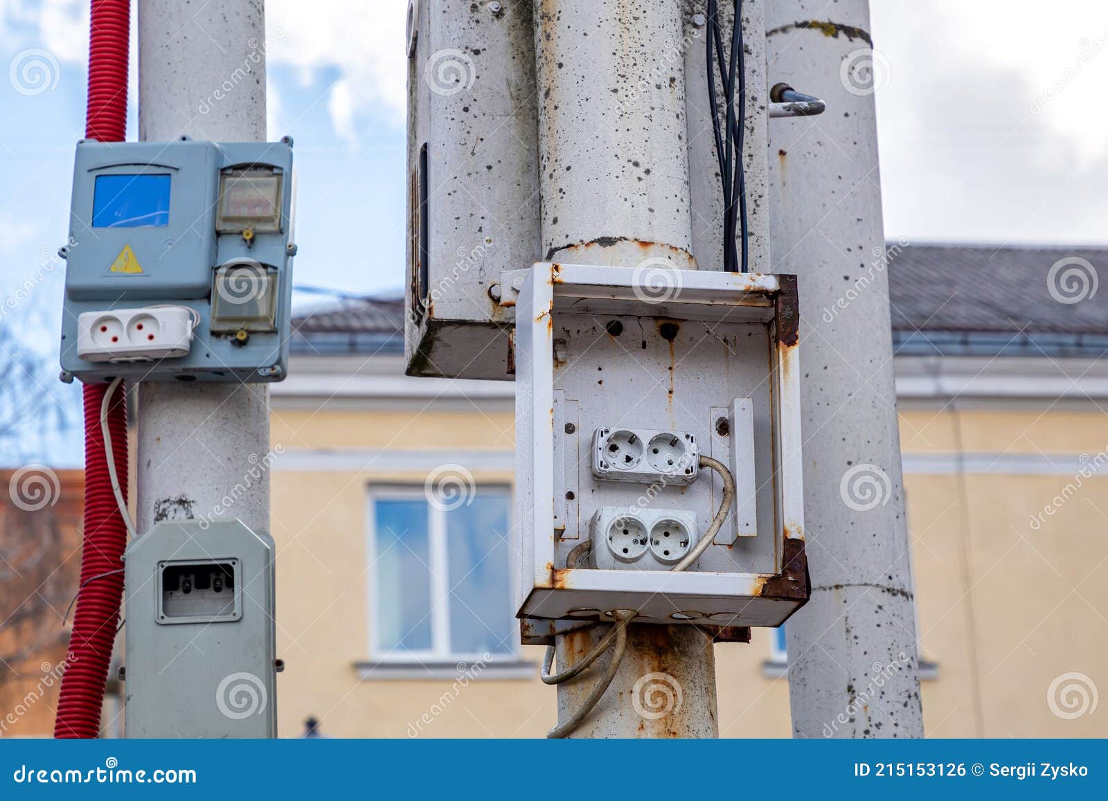 Electrical Outlets for Current on a Pole in the Open Air Stock Photo