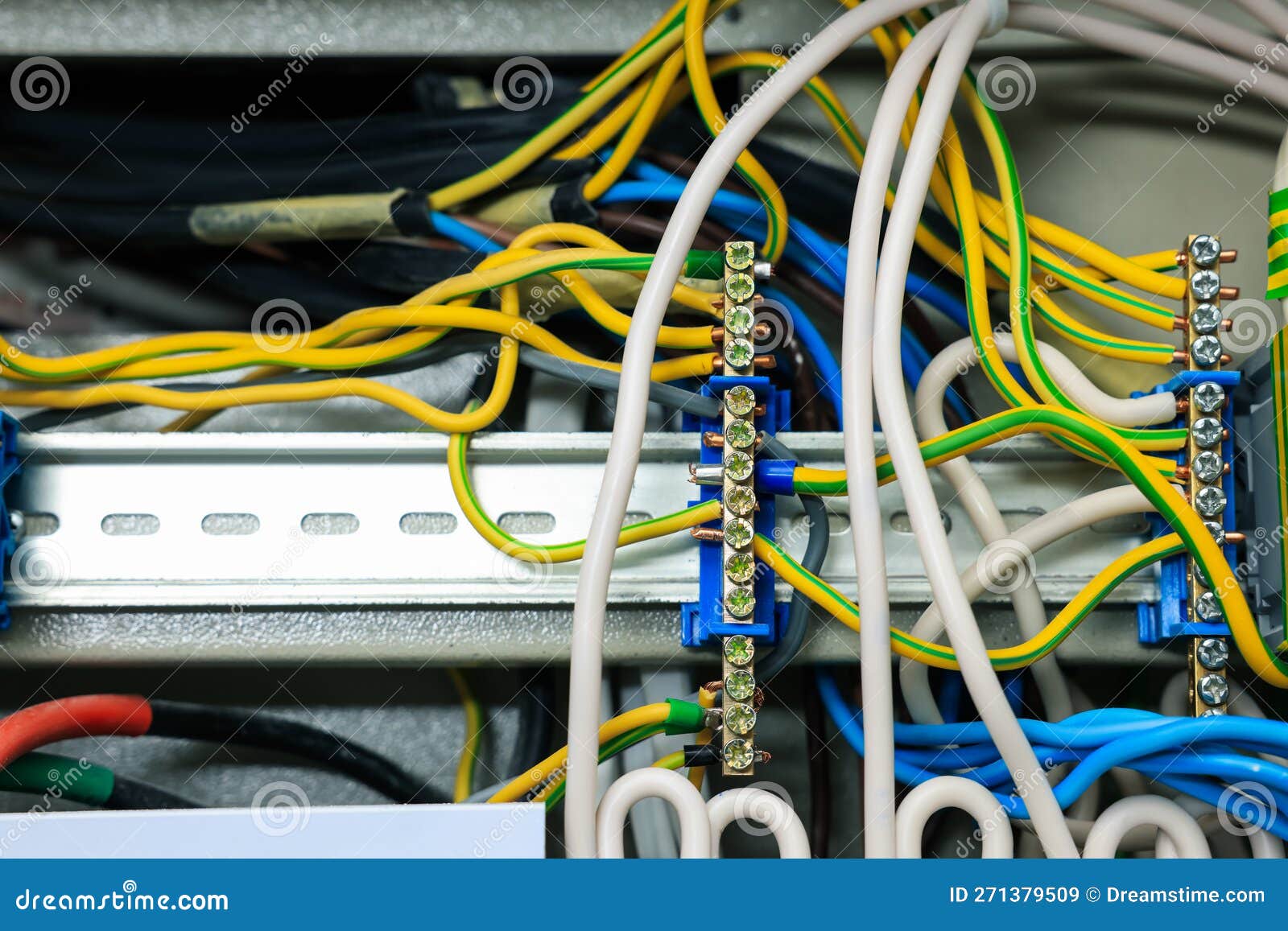 Electrical Panel with Many Wires in Fuse Box, Closeup Stock Image