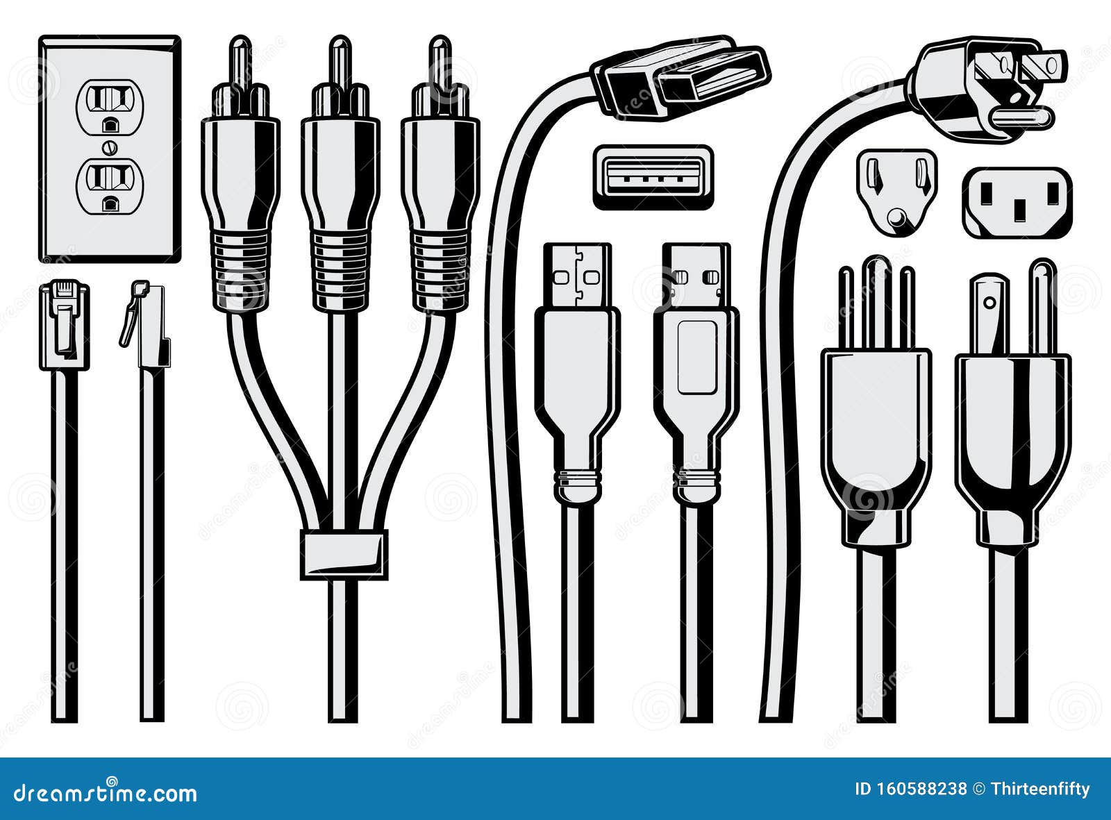 Electrical Plugs and Cables Black and White Vector Cartoon Graphic Set