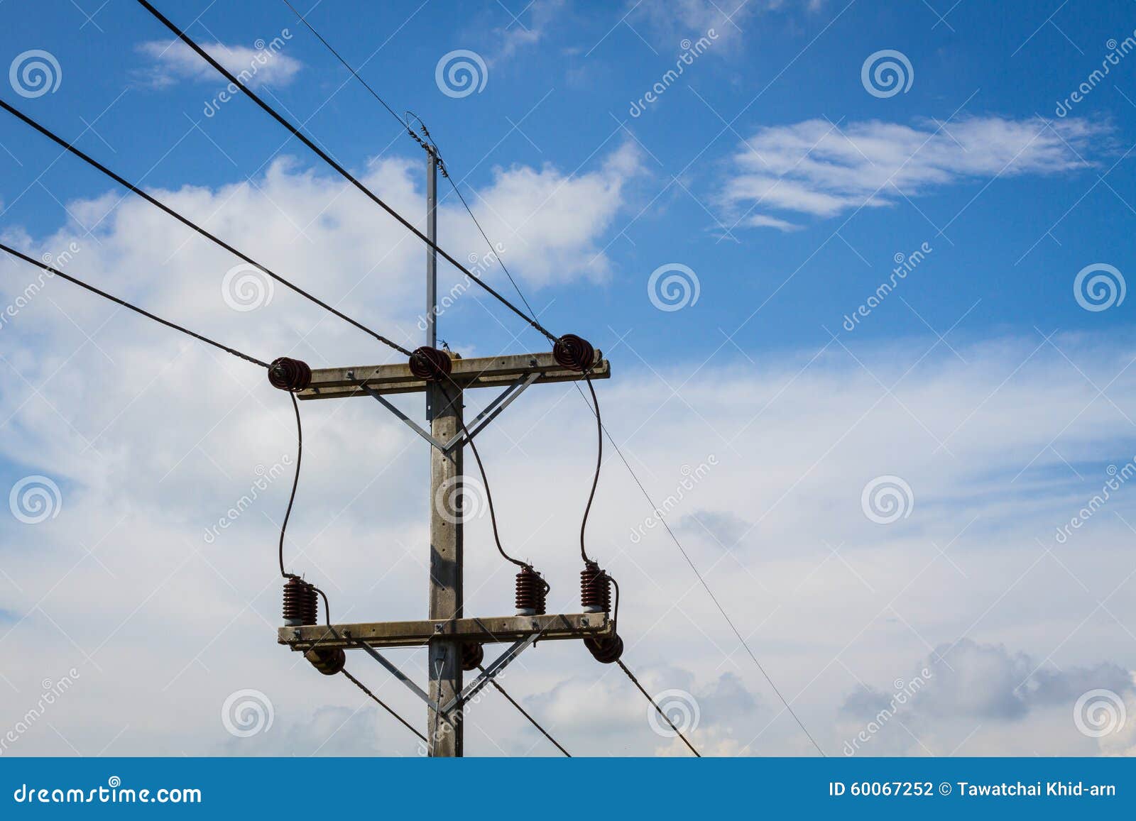 Electrical Post by the Road with Power Line Cables Stock Photo Image