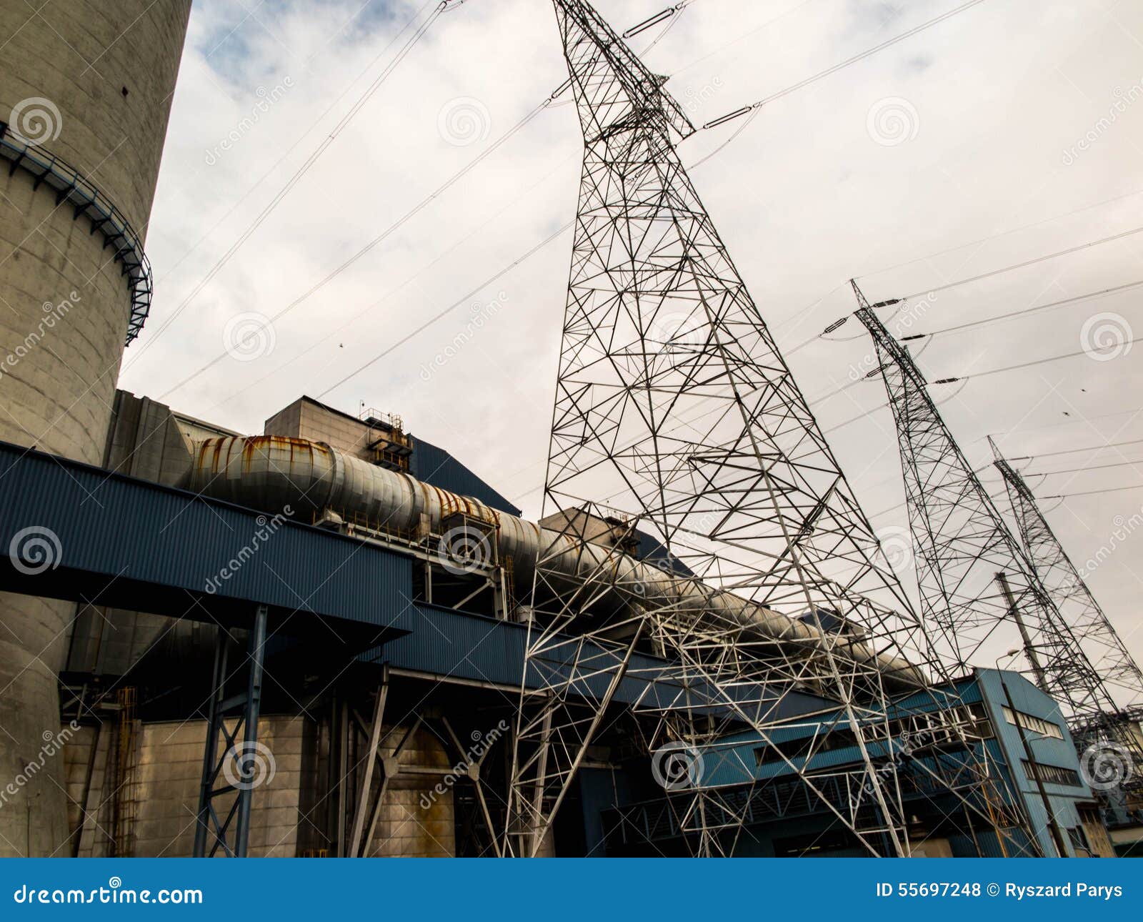 Electrical Power Plant with High Voltage Transmission Lines Stock Photo
