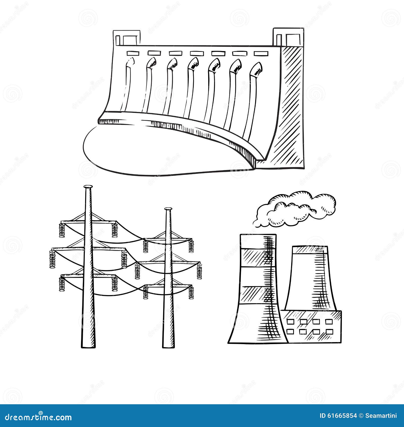 Electrical Power Plants And Towers Sketch Icons Stock Vector - Image