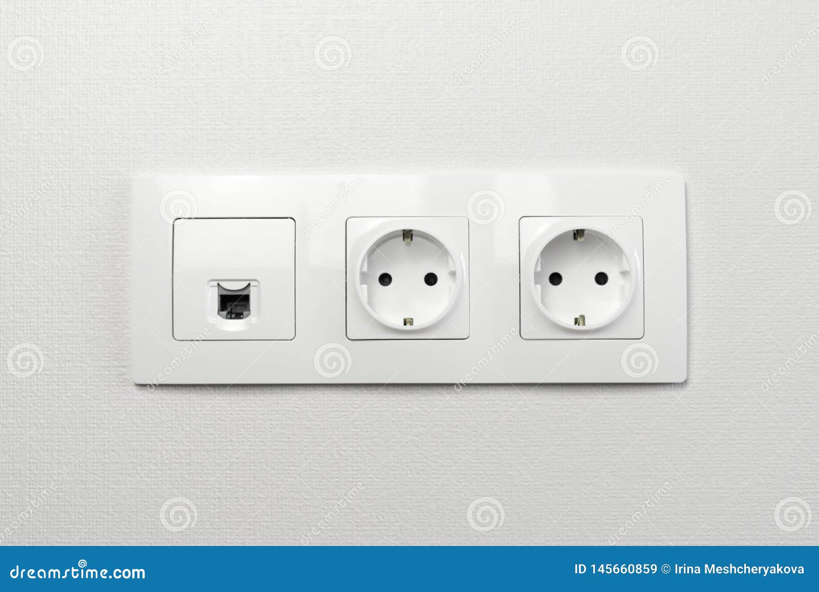 Electrical Sockets on the Wall with Black Connection Plug and White Wire. Socket Set