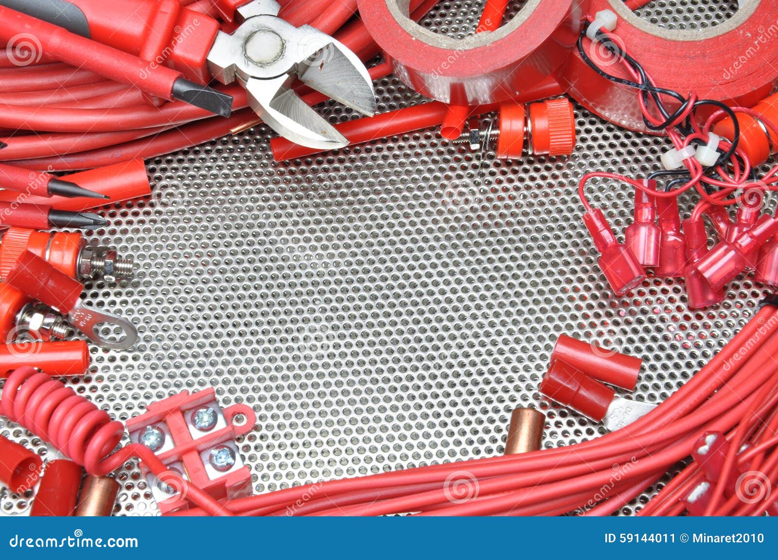 Electrical Tools, Component and Cables on Metal Surface Stock Image