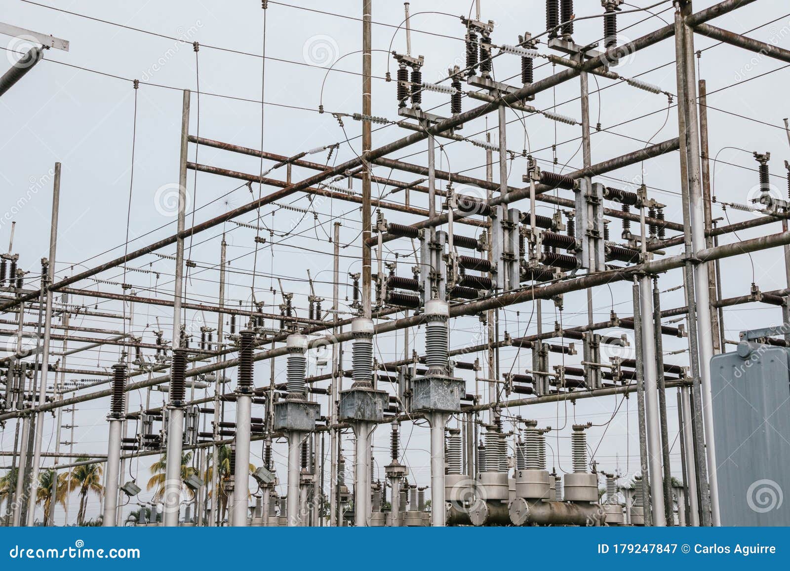 Electrical Towers, Distribution Centers, High Voltage Cables Stock
