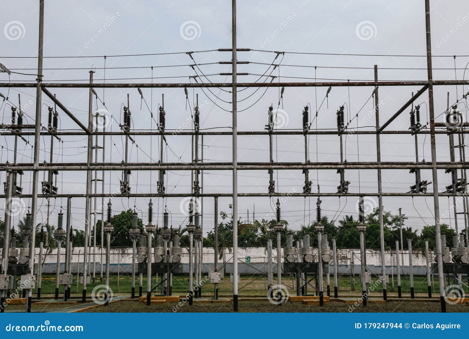 Electrical Towers, Distribution Centers, High Voltage Cables Stock