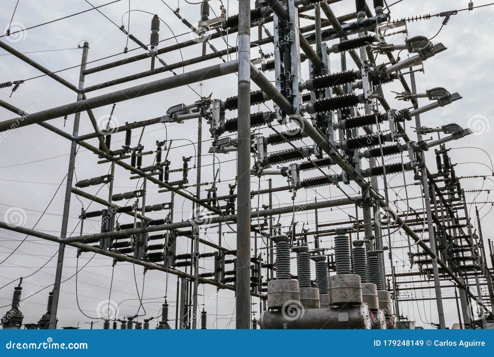 Electrical Towers, Distribution Centers, High Voltage Cables Stock