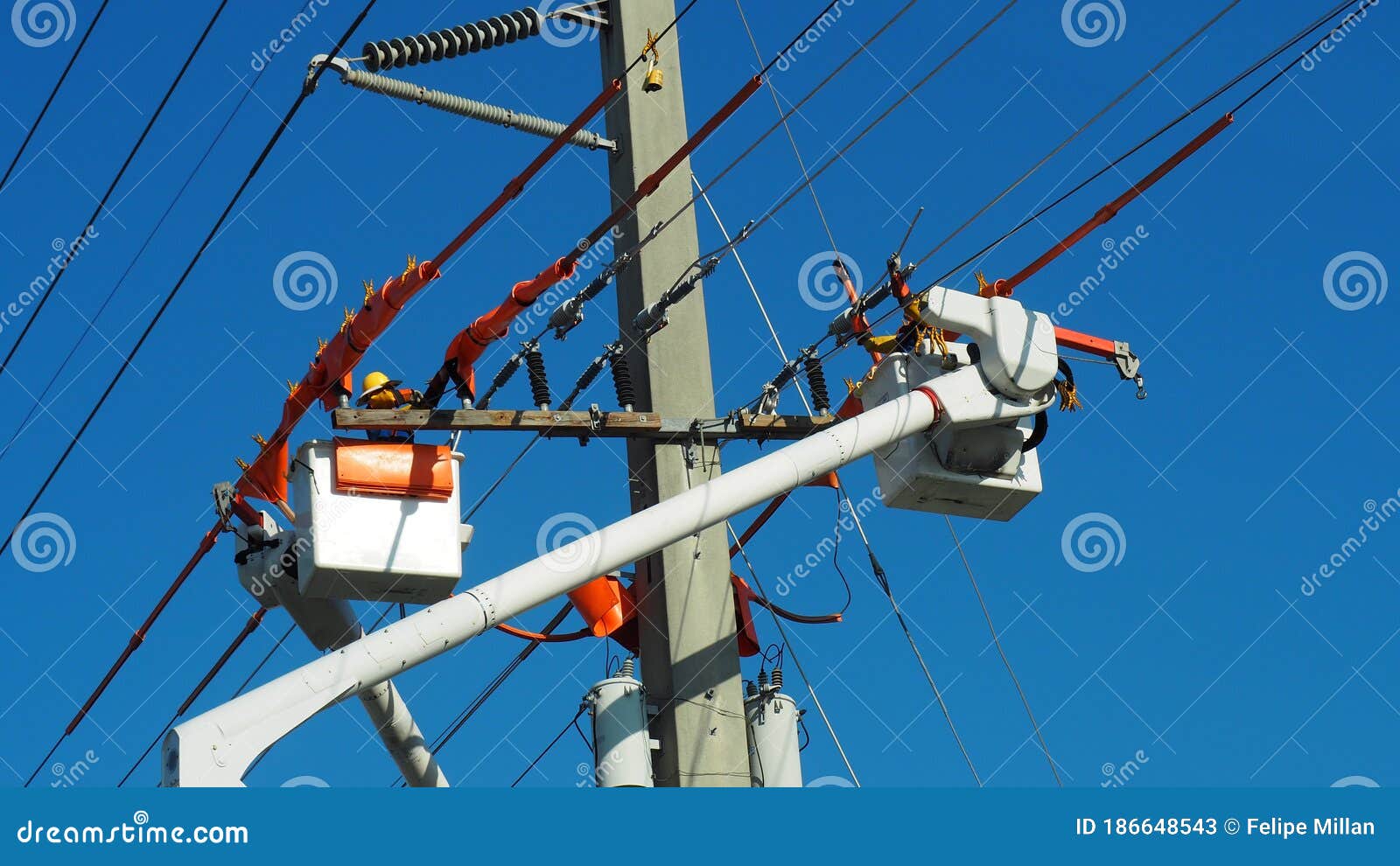 Electrical Utility Workers on Crane Stock Image Image of electric