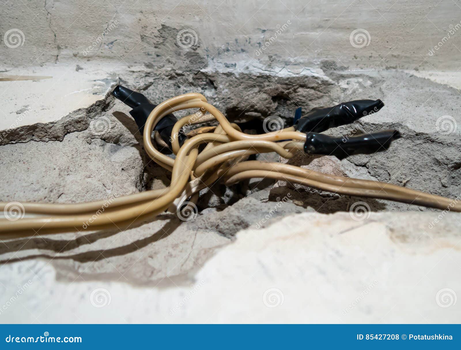 Electrical Wires Sticking Out of the Ruined Wall Stock Photo Image of