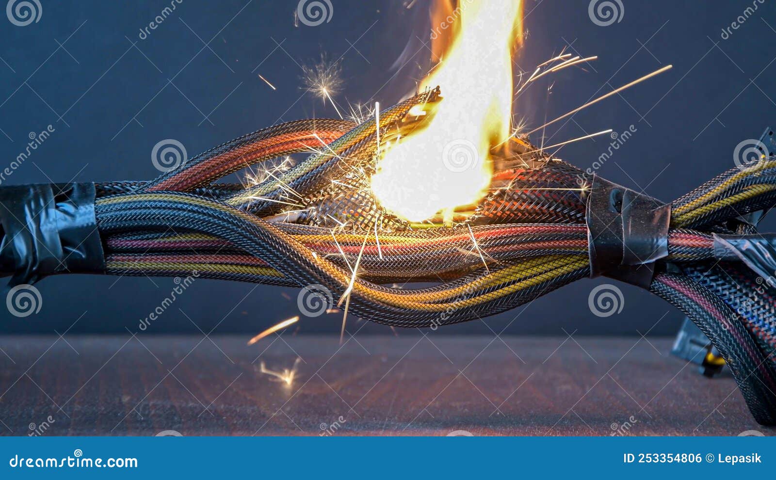 Electrical Wiring and Wires are Lit on a Dark Background. a Short
