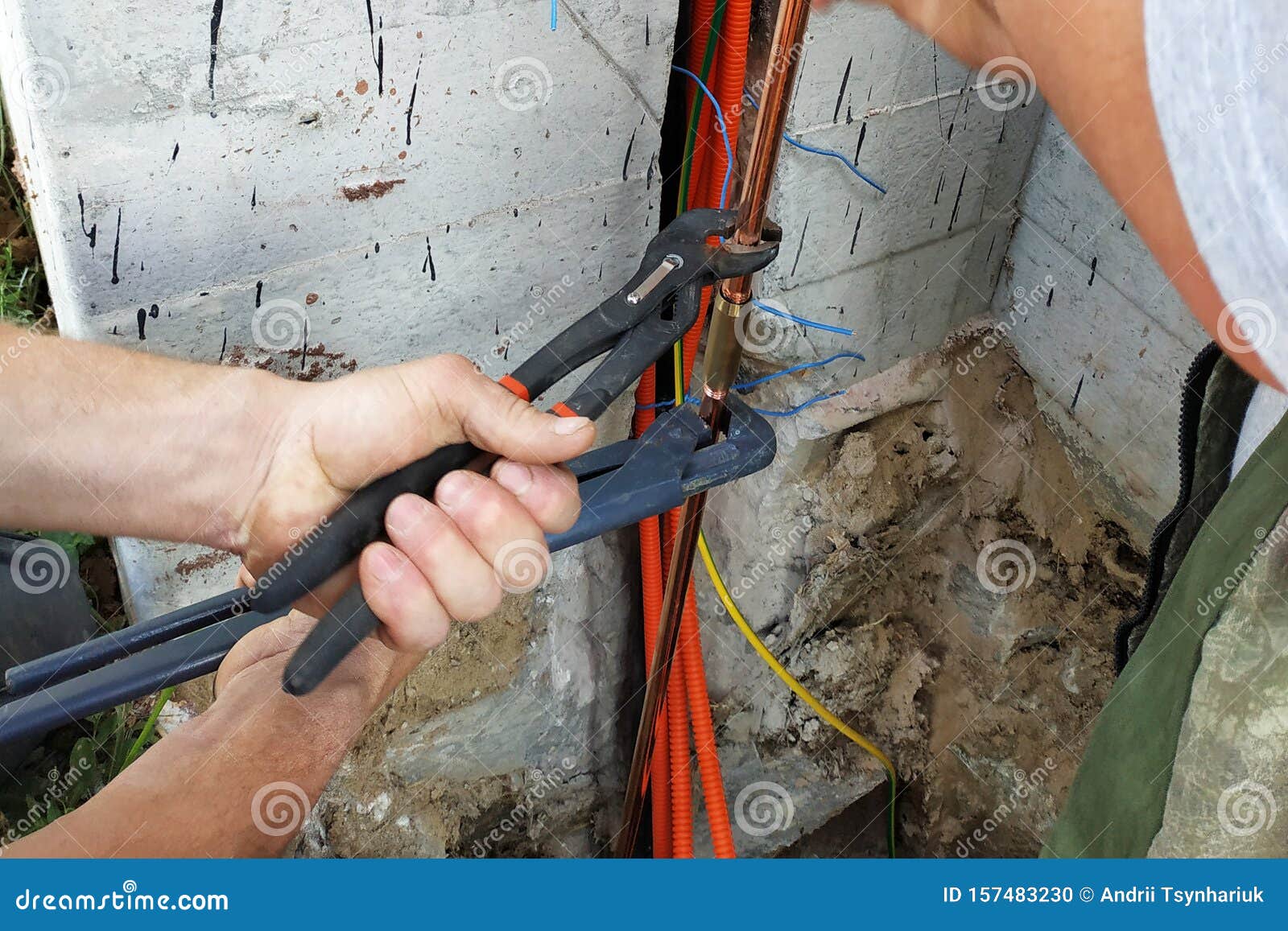 The Electrical Wizard Conducts Protective Grounding Near the House Stock Photo Image of earth