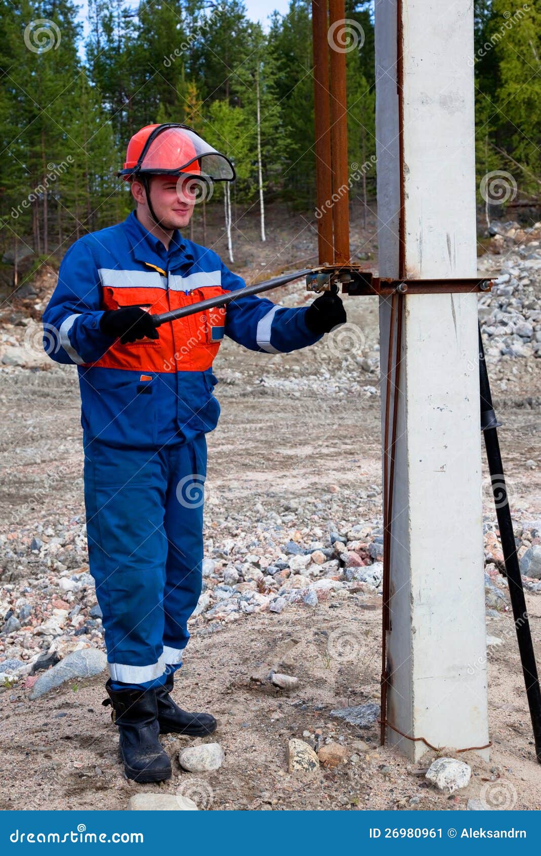 Electrician in Blue Overalls Makes Switching Stock Image Image of