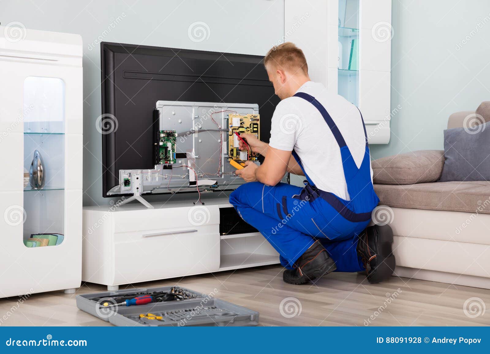 Electrician Checking Television Stock Photo Image of screen