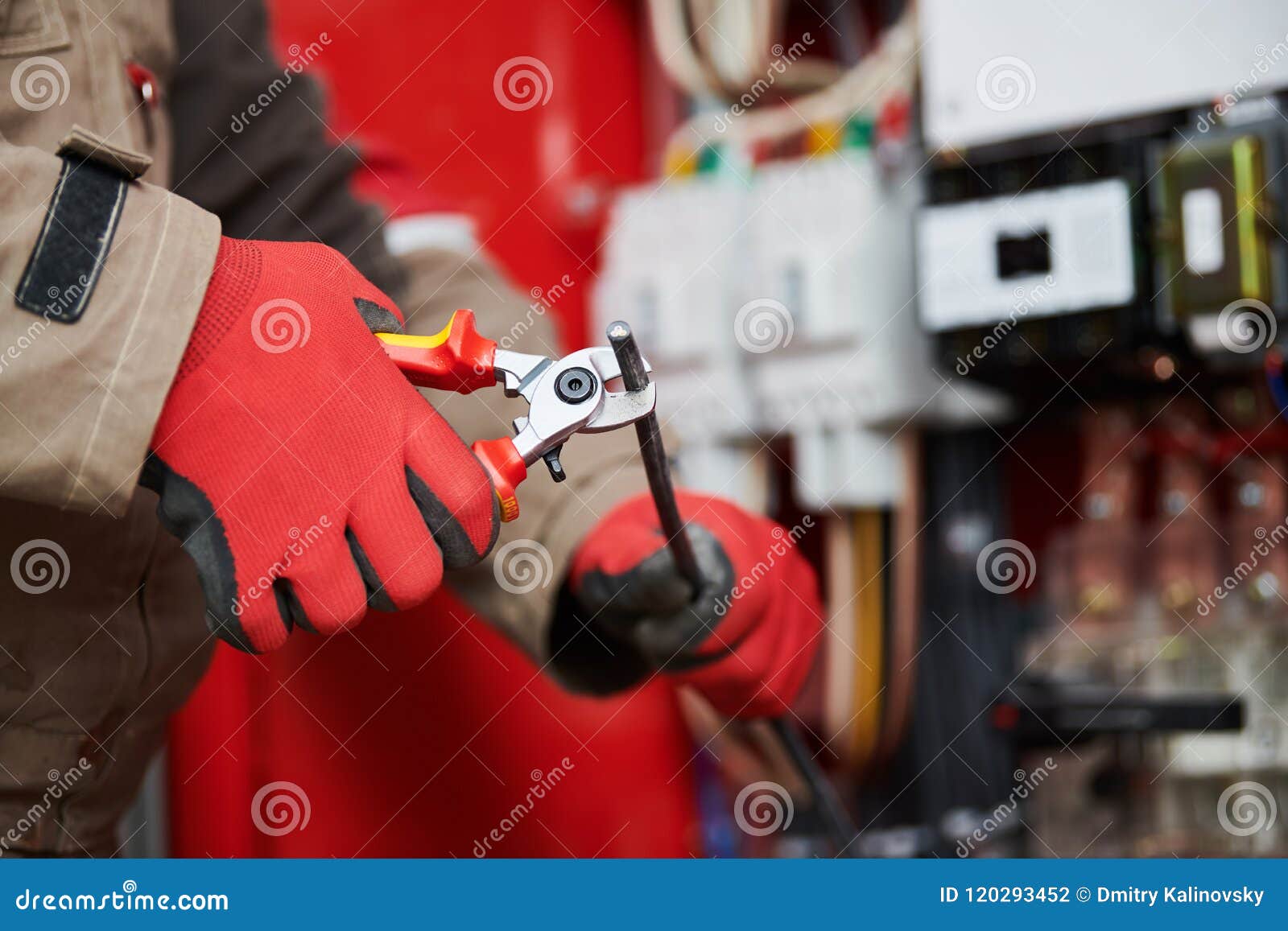 Electrician Cutting Cable with Shear Wire Cutter Stock Photo Image of