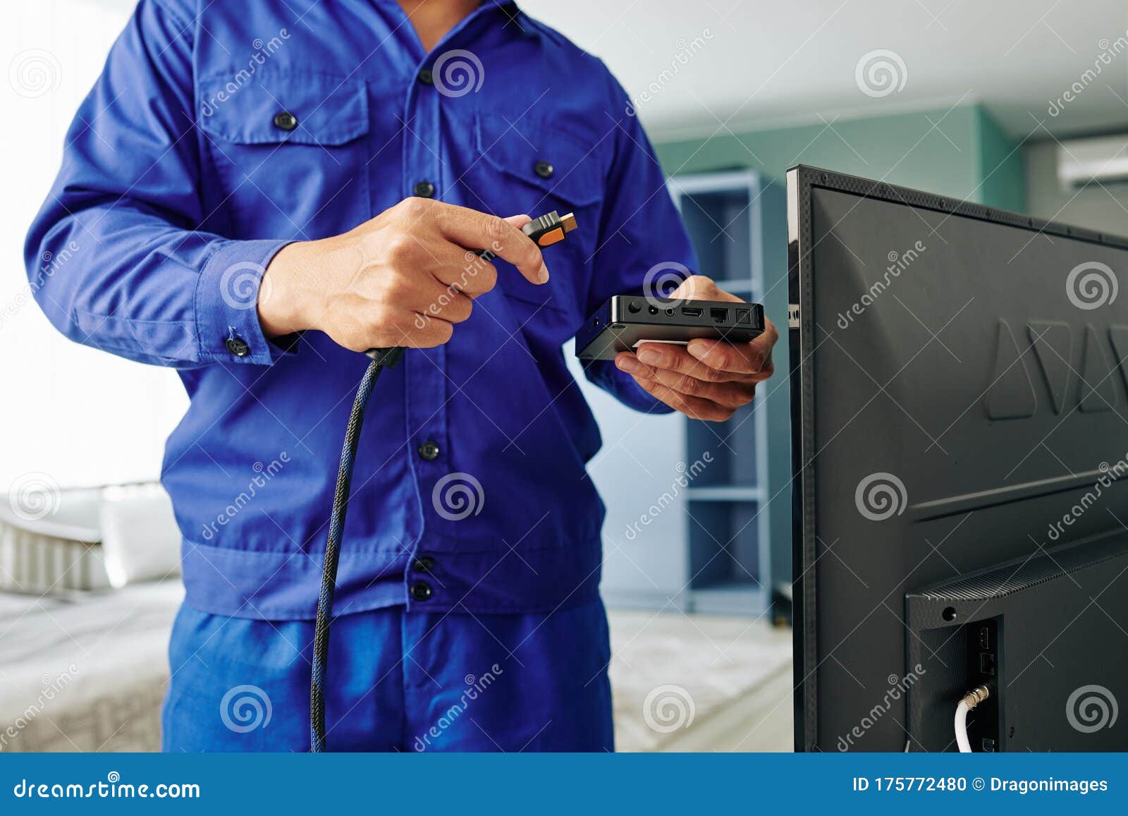 Electrician Installing Digital Tv Receiver Stock Photo Image of