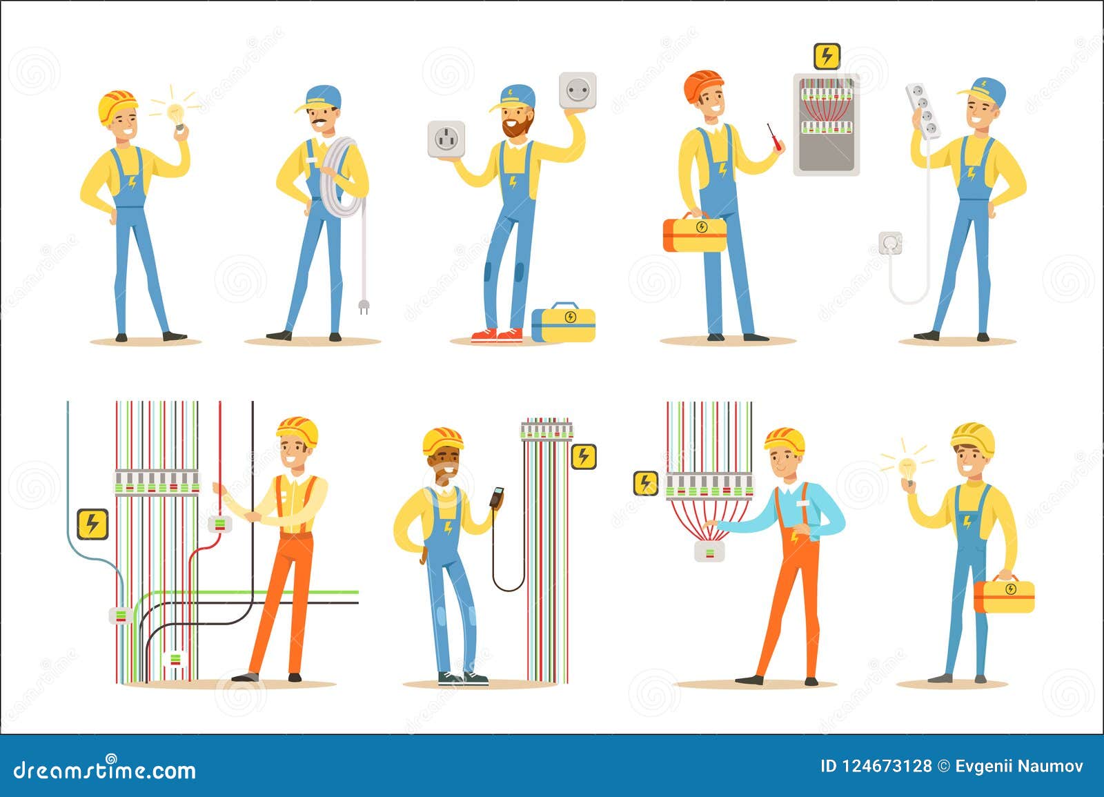 Electrician Specialist with Electric Wires at Work Doing Wireman Repairs  Set of Cartoon Character Scenes Stock Vector - Illustration of electricity,  sign: 124673128