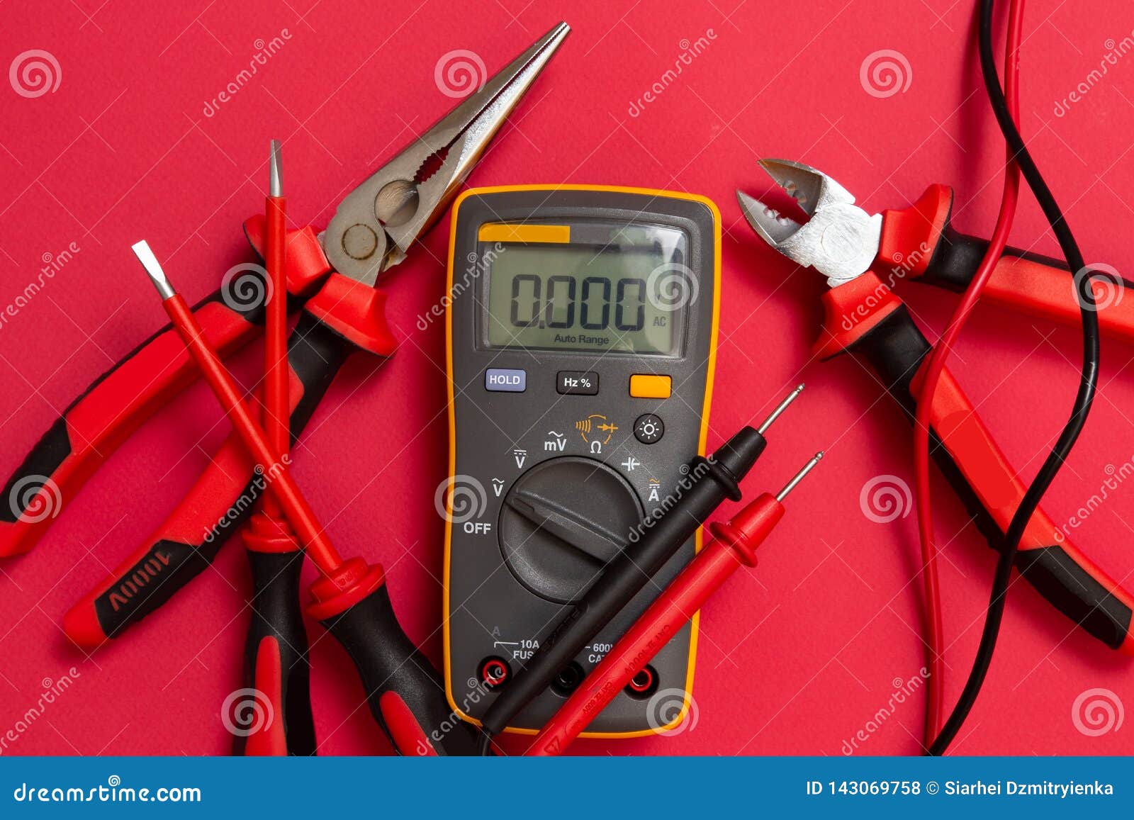 Electrician Tools. Electric Multimeter, Screwdriver and Cutters Stock