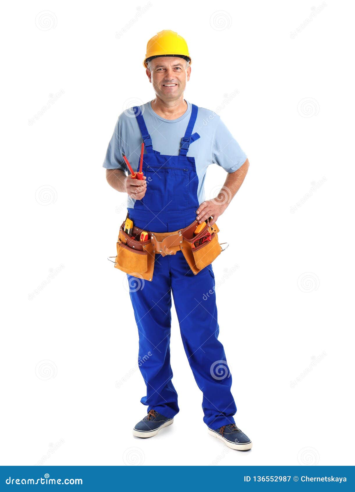 Electrician with Tools Wearing Uniform on White Stock Image Image of