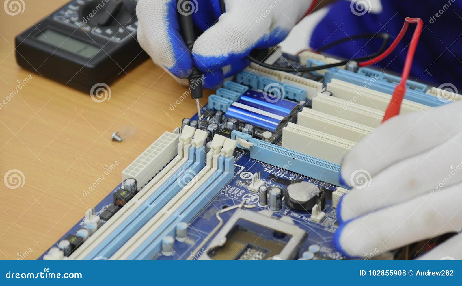 Electrician Using Voltmeter for Checking and Repair Office Equipment