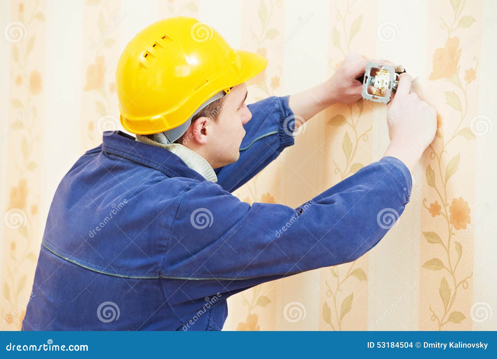 Electrician at Wall Outlet Installation Stock Photo Image of