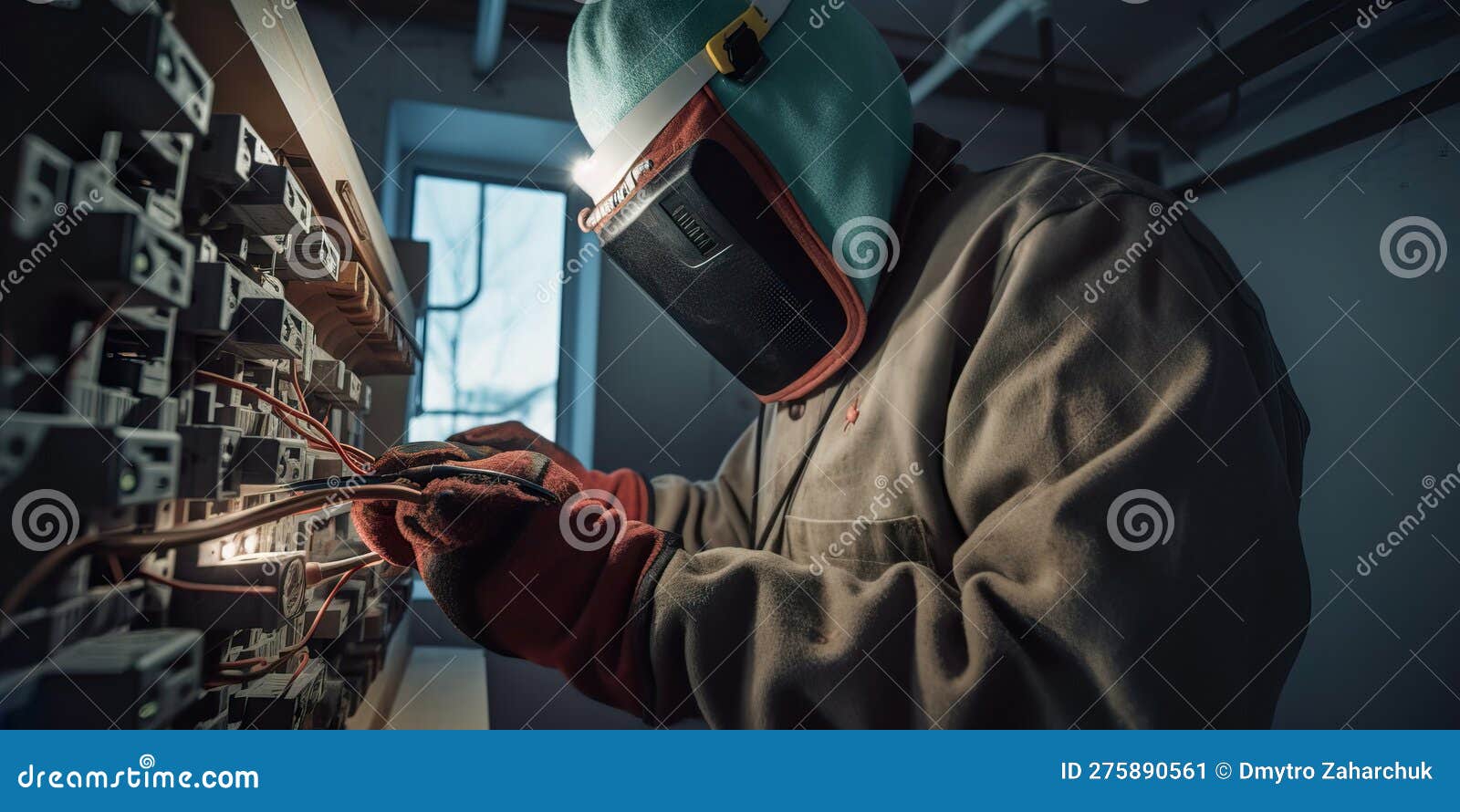Electrician Wearing Insulated Gloves And Using A Voltage Meter To electrician-wearing-insulated-gloves-and-using-a-voltage-meter-to