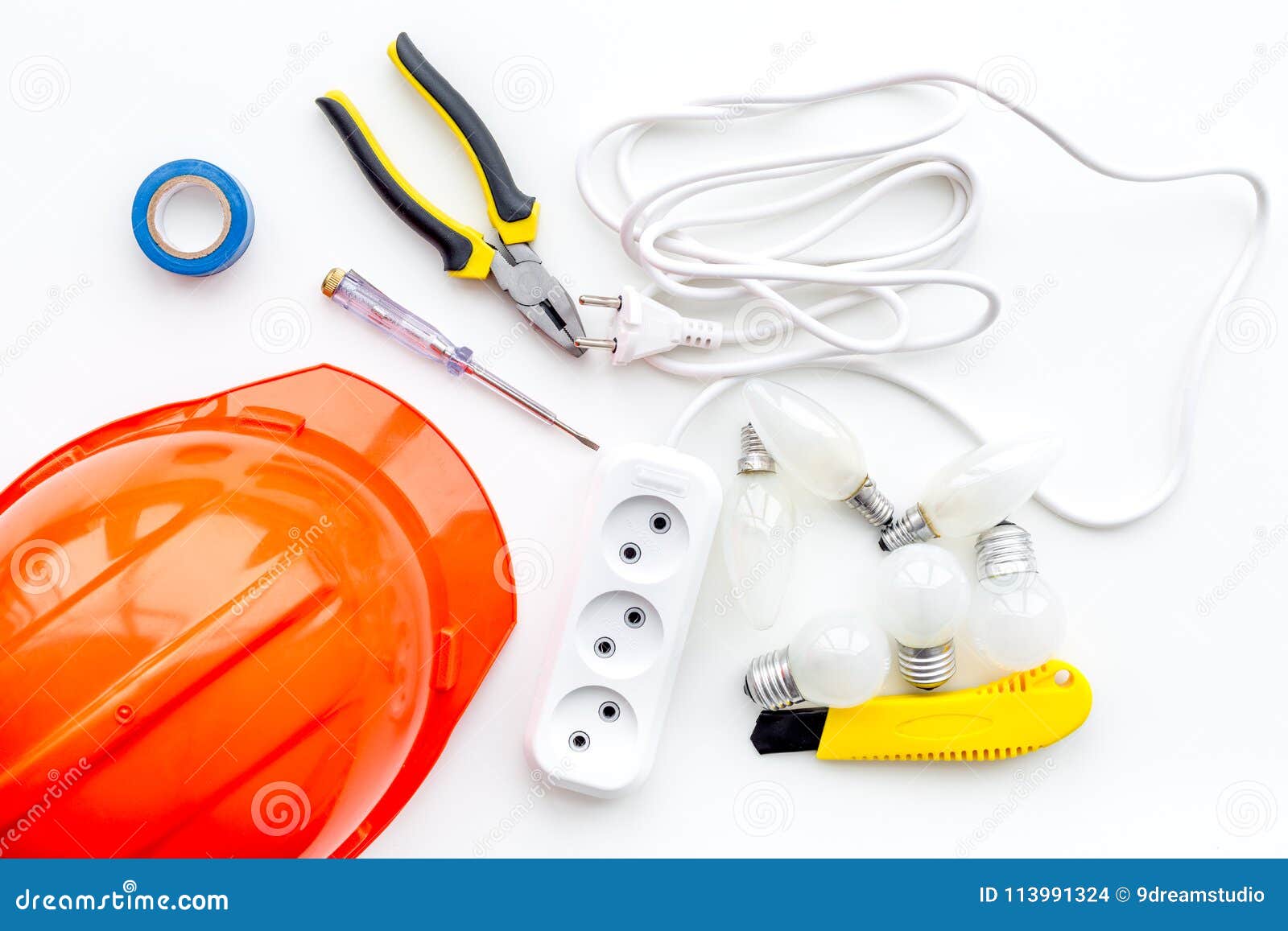 Electrician Work Concept. Hard Hat, Tools, Cabel, Socket Outlet on